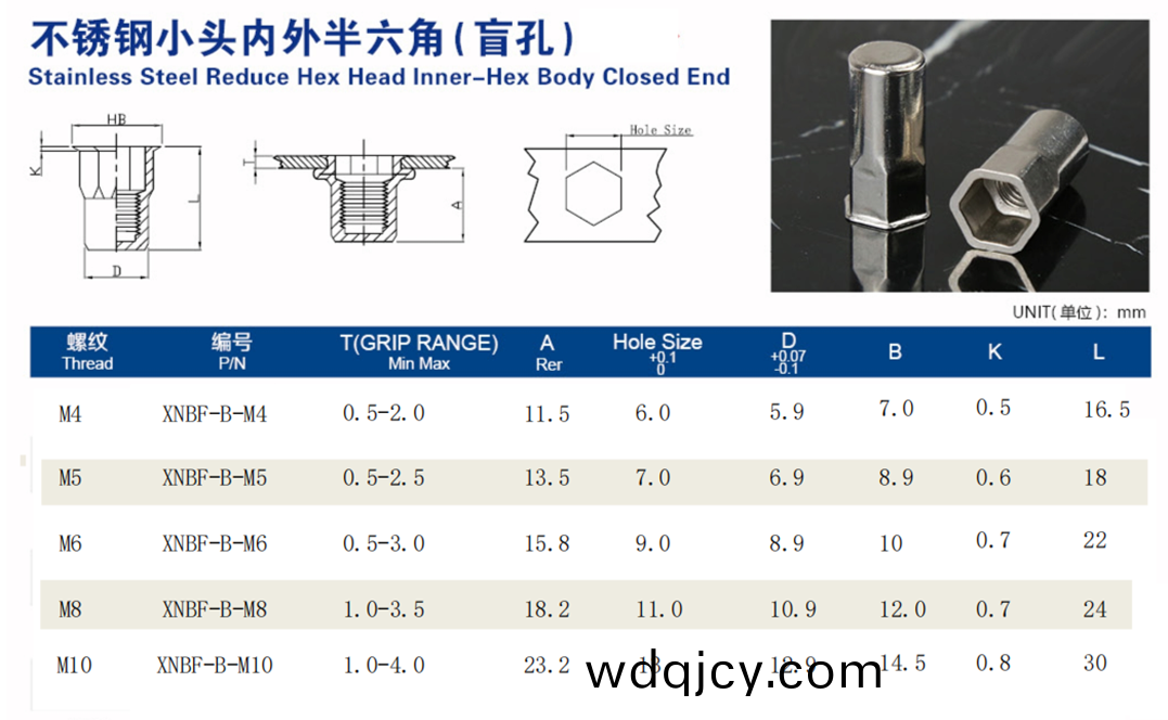 沉頭(tou)內(nei)外(wai)六(liu)角(jiao)盲孔鉚(liu)螺(luo)母(mu)
